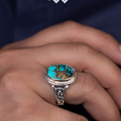 انگشتر صفوی مدل شبکه سه گل نگین فیروزه