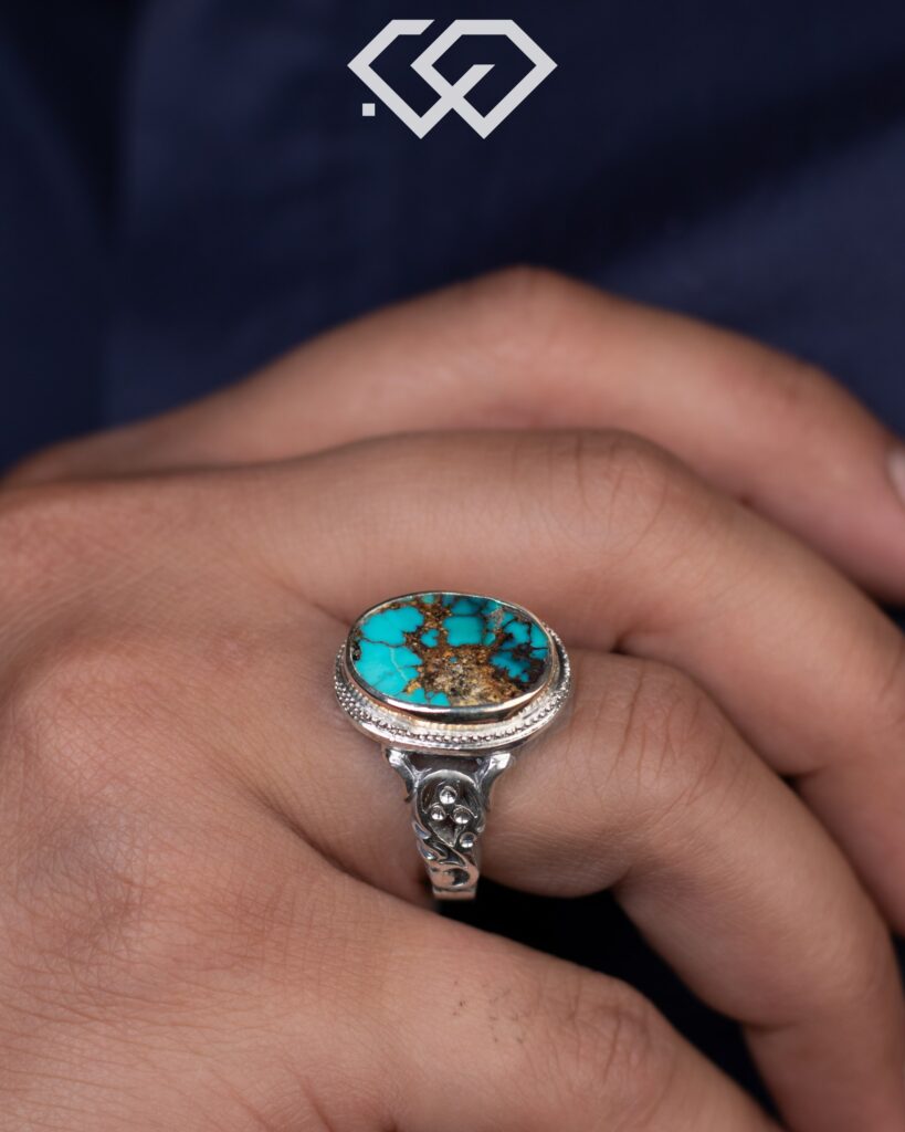 انگشتر صفوی مدل شبکه سه گل نگین فیروزه